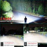 Comparison of headlights in low and high brightness modes on a dark road with trees and streetlights.